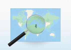 Map of the World with a magnifying glass aimed at Tunisia, searching Tunisia with loupe. vector