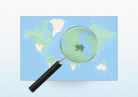 Map of the World with a magnifying glass aimed at Azerbaijan, searching Azerbaijan with loupe. vector