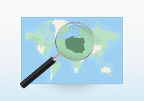 Map of the World with a magnifying glass aimed at Poland, searching Poland with loupe. vector