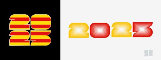 Year 2025 with flag of Catalonia and in color palate of Catalonia flag. Happy New Year 2025 in two different style. vector