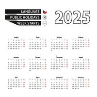 Calendar 2025 in Czech language, week starts on Monday. vector