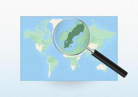 Map of the World with a magnifying glass aimed at Sweden, searching Sweden with loupe. vector