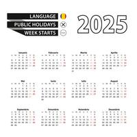 Calendar 2025 in Romanian language, week starts on Monday. vector