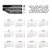 Calendar 2025 in Swedish language, week starts on Monday. vector