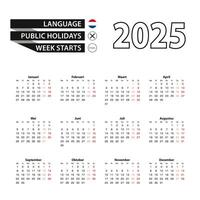 Calendar 2025 in Dutch language, week starts on Monday. vector