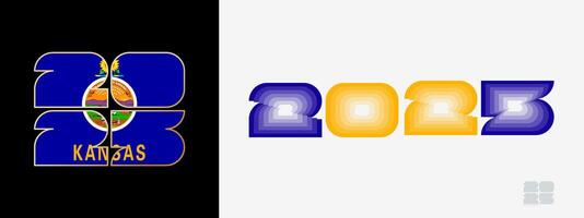 Year 2025 with flag of Kansas and in color palate of Kansas flag. Happy New Year 2025 in two different style. vector