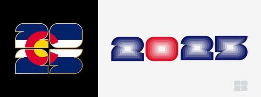 Year 2025 with flag of Colorado and in color palate of Colorado flag. Happy New Year 2025 in two different style. vector