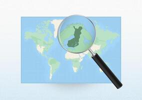 Map of the World with a magnifying glass aimed at Finland, searching Finland with loupe. vector