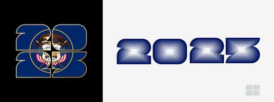 Year 2025 with flag of Utah and in color palate of Utah flag. Happy New Year 2025 in two different style. vector
