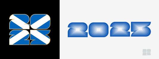 Year 2025 with flag of Scotland and in color palate of Scotland flag. Happy New Year 2025 in two different style. vector