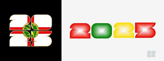 Year 2025 with flag of Alderney and in color palate of Alderney flag. Happy New Year 2025 in two different style. vector