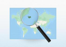 Map of the World with a magnifying glass aimed at Iceland, searching Iceland with loupe. vector