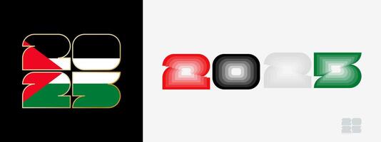 Year 2025 with flag of Palestine and in color palate of Palestine flag. Happy New Year 2025 in two different style. vector