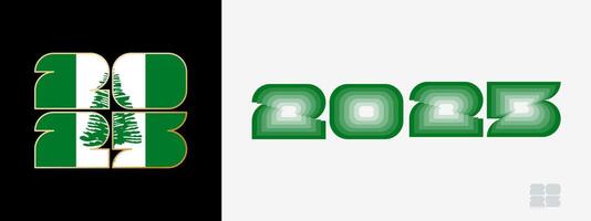 Year 2025 with flag of Norfolk Island and in color palate of Norfolk Island flag. Happy New Year 2025 in two different style. vector