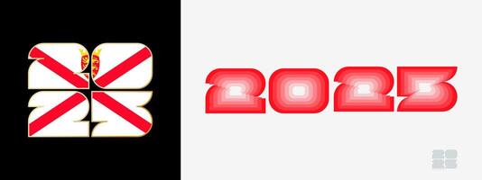 Year 2025 with flag of Jersey and in color palate of Jersey flag. Happy New Year 2025 in two different style. vector