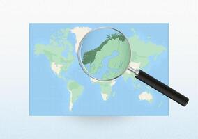 Map of the World with a magnifying glass aimed at Norway, searching Norway with loupe. vector