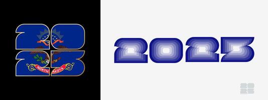 Year 2025 with flag of North Dakota and in color palate of North Dakota flag. Happy New Year 2025 in two different style. vector