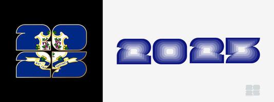 Year 2025 with flag of Connecticut and in color palate of Connecticut flag. Happy New Year 2025 in two different style. vector