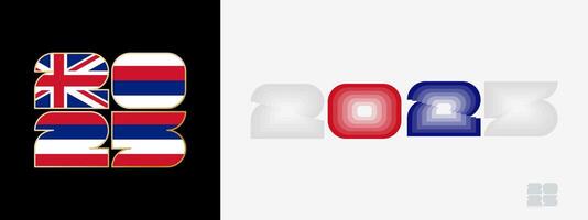 Year 2025 with flag of Hawaii and in color palate of Hawaii flag. Happy New Year 2025 in two different style. vector