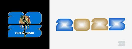 Year 2025 with flag of Oklahoma and in color palate of Oklahoma flag. Happy New Year 2025 in two different style. vector