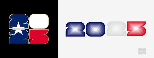 Year 2025 with flag of Texas and in color palate of Texas flag. Happy New Year 2025 in two different style. vector