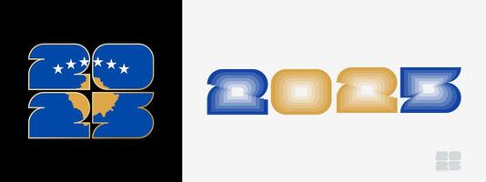 Year 2025 with flag of Kosovo and in color palate of Kosovo flag. Happy New Year 2025 in two different style. vector