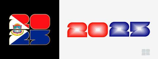 Year 2025 with flag of Sint Maarten and in color palate of Sint Maarten flag. Happy New Year 2025 in two different style. vector