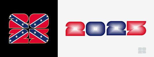 Year 2025 with flag of Confederate and in color palate of Confederate flag. Happy New Year 2025 in two different style. vector