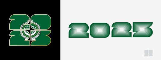 Year 2025 with flag of Arab League and in color palate of Arab League flag. Happy New Year 2025 in two different style. vector
