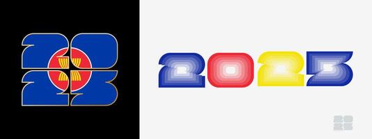 Year 2025 with flag of ASEAN and in color palate of ASEAN flag. Happy New Year 2025 in two different style. vector