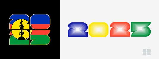 Year 2025 with flag of New Caledonia and in color palate of New Caledonia flag. Happy New Year 2025 in two different style. vector