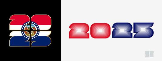 Year 2025 with flag of Missouri and in color palate of Missouri flag. Happy New Year 2025 in two different style. vector