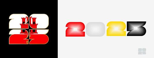 Year 2025 with flag of Gibraltar and in color palate of Gibraltar flag. Happy New Year 2025 in two different style. vector