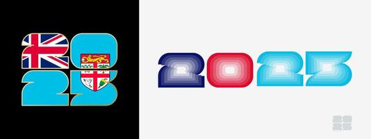 Year 2025 with flag of Fiji and in color palate of Fiji flag. Happy New Year 2025 in two different style. vector