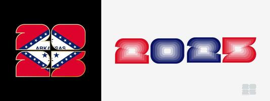 Year 2025 with flag of Arkansas and in color palate of Arkansas flag. Happy New Year 2025 in two different style. vector