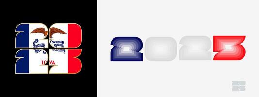 Year 2025 with flag of Iowa and in color palate of Iowa flag. Happy New Year 2025 in two different style. vector