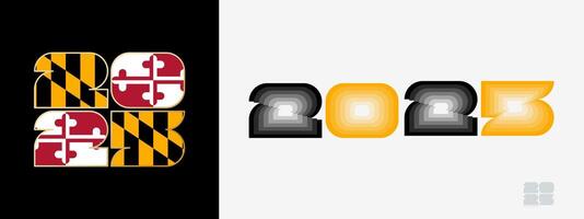 Year 2025 with flag of Maryland and in color palate of Maryland flag. Happy New Year 2025 in two different style. vector