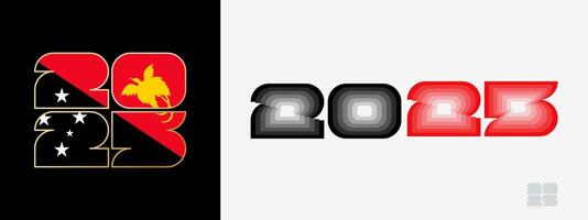 Year 2025 with flag of Papua New Guinea and in color palate of Papua New Guinea flag. Happy New Year 2025 in two different style. vector