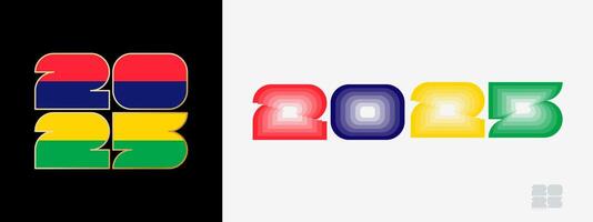 Year 2025 with flag of Mauritius and in color palate of Mauritius flag. Happy New Year 2025 in two different style. vector