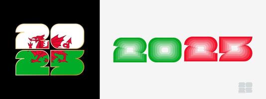 Year 2025 with flag of Wales and in color palate of Wales flag. Happy New Year 2025 in two different style. vector