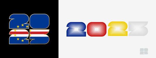 Year 2025 with flag of Cape Verde and in color palate of Cape Verde flag. Happy New Year 2025 in two different style. vector