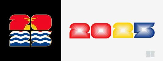 Year 2025 with flag of Kiribati and in color palate of Kiribati flag. Happy New Year 2025 in two different style. vector