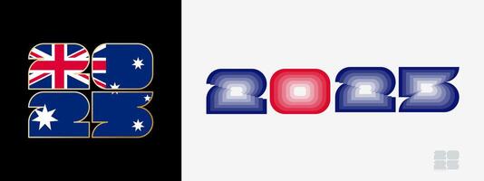 Year 2025 with flag of Australia and in color palate of Australia flag. Happy New Year 2025 in two different style. vector