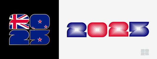 Year 2025 with flag of New Zealand and in color palate of New Zealand flag. Happy New Year 2025 in two different style. vector
