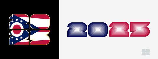 Year 2025 with flag of Ohio and in color palate of Ohio flag. Happy New Year 2025 in two different style. vector