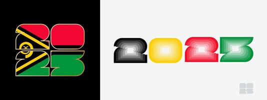 Year 2025 with flag of Vanuatu and in color palate of Vanuatu flag. Happy New Year 2025 in two different style. vector