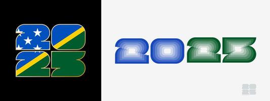 Year 2025 with flag of Solomon Islands and in color palate of Solomon Islands flag. Happy New Year 2025 in two different style. vector