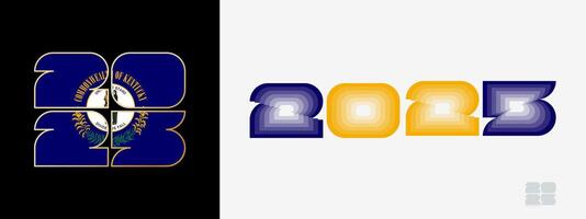 Year 2025 with flag of Kentucky and in color palate of Kentucky flag. Happy New Year 2025 in two different style. vector