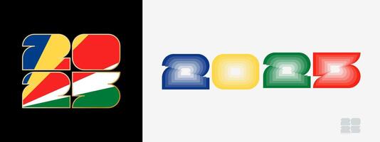 Year 2025 with flag of Seychelles and in color palate of Seychelles flag. Happy New Year 2025 in two different style. vector