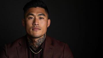 Portrait of a man in formal attire with tattoos against a dark background photo